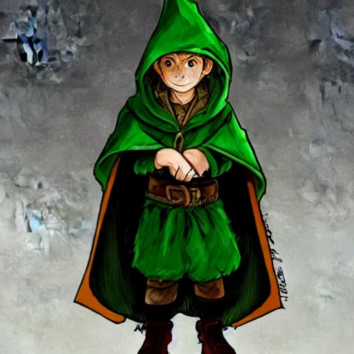Prompt: a concept art of a cute hobbit boy wearing a dark green cloak with a hood that has fox ears on it holding a fox, trending on artstation, digital art, larry elmore, dungeons and dragons