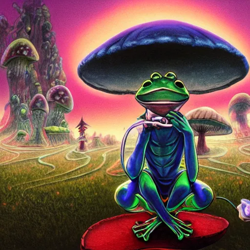 Image similar to A centered chest up portrait of a psychedelic godlike anthropomorphic frog smoking a hand-rolled cigarette , magic mushroom village in background . award winning. superb resolution. in the art style of junji Ito and greg rutkowski . Detailed Mushroom city in background. Hyper realistic anime. Perfect art. Dalle2