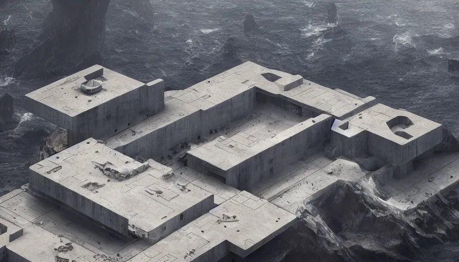 Image similar to big brutalist imperial military base on cliffs, drawing architecture, very long shot, top angle, imperial architecture in rogue one, pritzker architecture prize, brutalism architecture, jan urschel, greig fraser