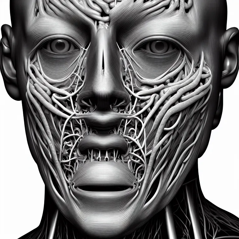 Prompt: portrait of neural nightmares, detailed face face face face, facial structure, hd, 8 k, very very very very electronic, biomechanical, biology, bio, neural machine