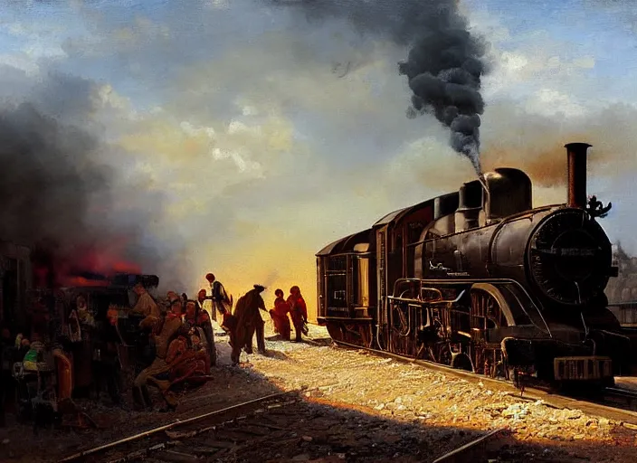 Image similar to detailed painting of railroad workers drinking wine and having fun with a steam locomotive coming right at them by ivan aivazovski
