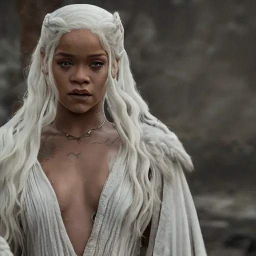 Prompt: rihanna as daenerys targaryen in game of thrones movie is wearing full length white robes, holding an umbrella above her and her baby dragon, cinematic, photorealistic 8 k