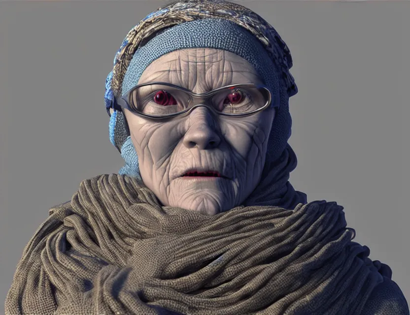 Prompt: cinematic bust portrait of robo - cyborg granny, a scarf tied on the head, by jean giraud, trending artstaition, unreal engine