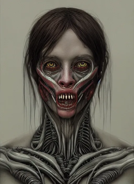 Image similar to a hyper detailed face portrait of fay ripley, xenomorph, by tom bagshaw, by zdzisław beksinski, trending on artstation