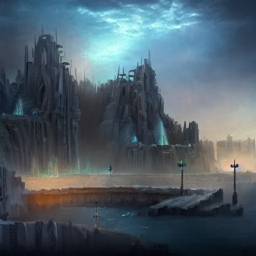 Prompt: concept art trending on art station detailed matte painting of Atlantis the ghost city, dramatic, 8k, digital art, aesthetic