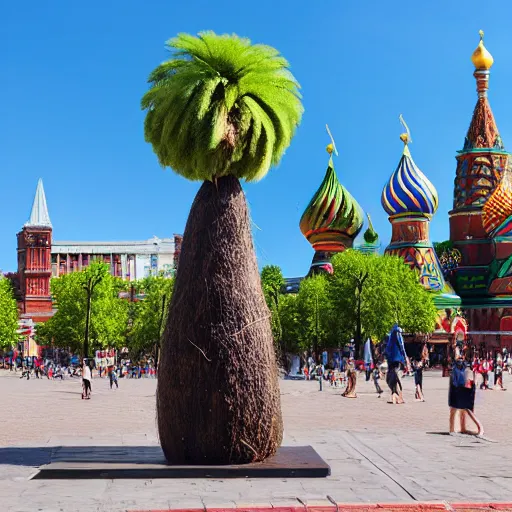 Prompt: symmetrical photo of giant coconut sculpture on red square, super wide shot, bokeh