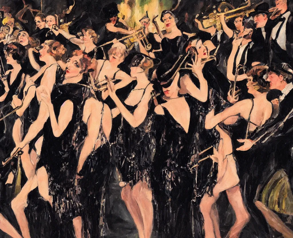 Prompt: realistic oil painting of a 1 9 2 0 s short - haired flapper woman in black satin gloves dancing with a crowd in front of a stage with a jazz band playing, in a dimly lit speakeasy, jazz age, precise, wide shot, cohesive, stylistic, art deco, cinematic, low - lighting