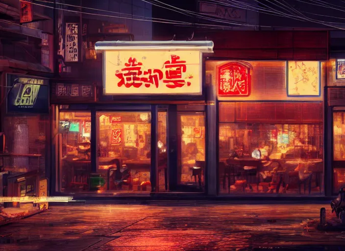 Image similar to through a window, a small cozy ramen restaurant in a busy thriving cyberpunk street at night, trending on cgsociety, unreal engine, 4 k wallpaper