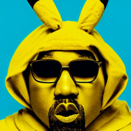 Image similar to Kanye West in a yellow pikachu! hoody, Studio Photograph, portrait C 12.0