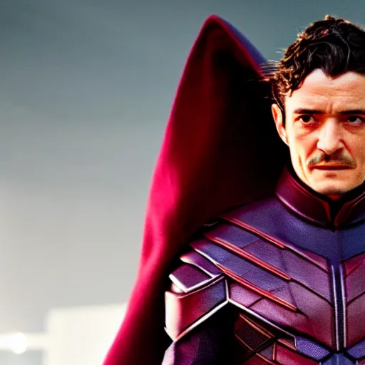 Prompt: A still of Orlando Bloom as Magneto in X-Men movie, dynamic lighting, villain pose, 8k, 2022 picture of the year