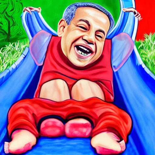 Prompt: painting of benjamin netanyahu laughing while going down a slide in a park full of children, rich vibrant colors