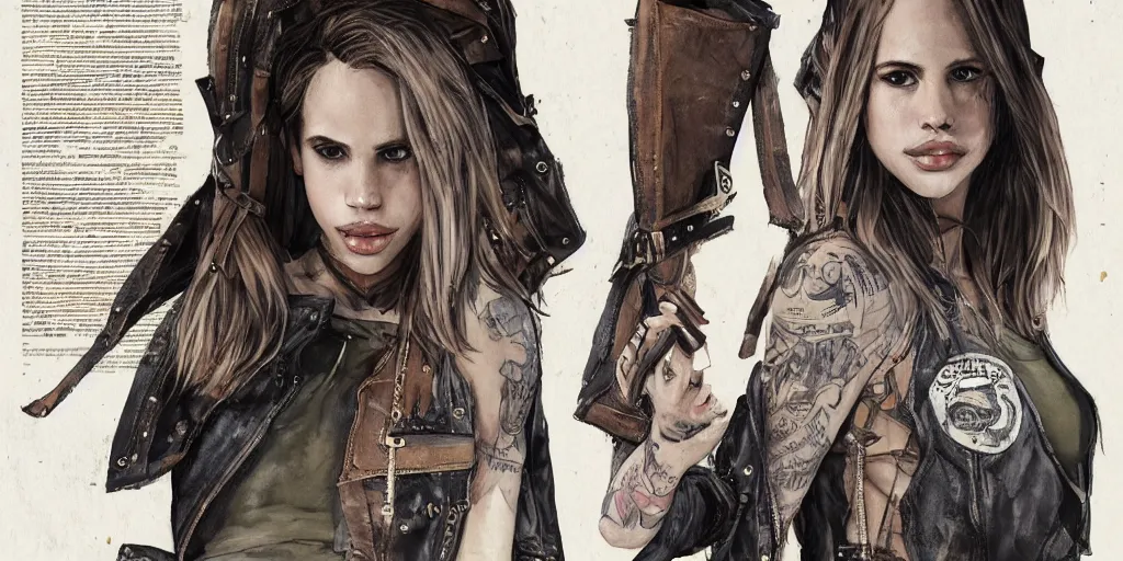 Prompt: portrait of halston sage as a tattooed wanderer, wearing scratched and ripped leather shorts, wearing an aviator jacket, character sheet, fine details, concept design, contrast, kim jung gi, greg rutkowski, trending on artstation, 8 k, full body, turnaround, front view, back view, ultra wide angle