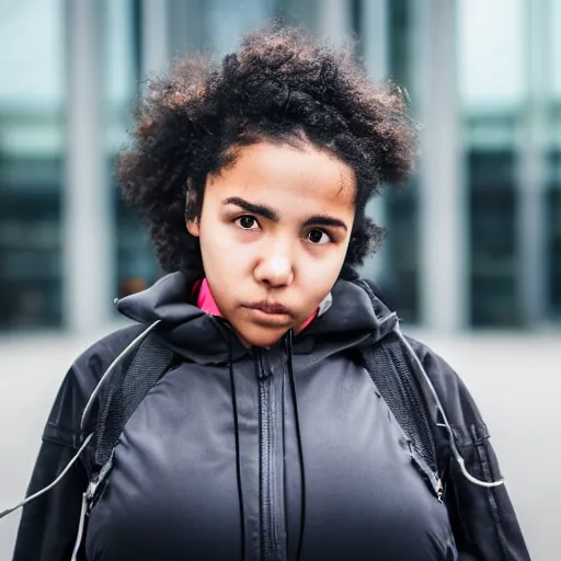 Image similar to candid photographic portrait of a poor techwear mixed young woman outside a brutalist future corporate office, closeup, sigma 85mm f/1.4, 4k, depth of field, high resolution, 4k, 8k, hd, full color