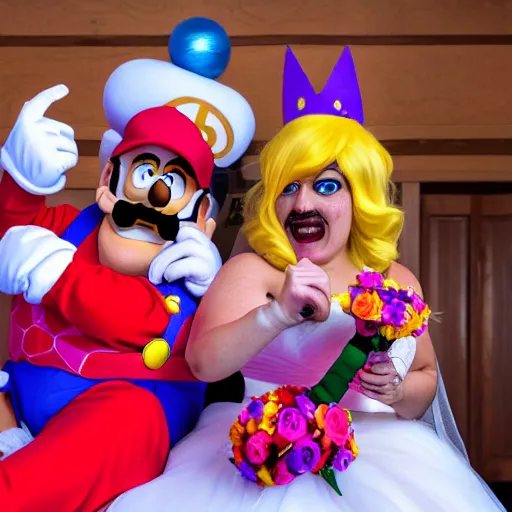 Prompt: Ultra HD photo of a Wario-themed wedding, bride and groom dressed as Wario and Waliuigi, all guests dressed up as Mario characters, award winning wedding photography, 8k resolution, extremely realistic