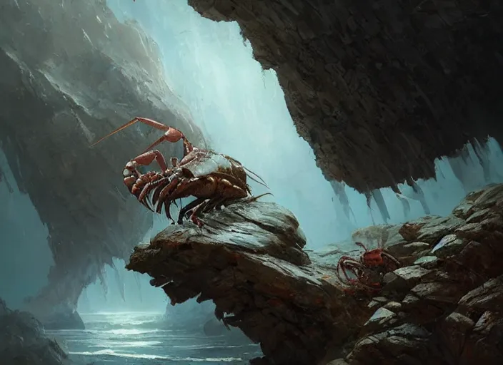 Prompt: a giant dull colored crustacean lobster crab monster with huge claws in a rocky chasm. dreamy fantasy art by greg rutkowski