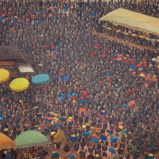 Prompt: dahomey officials with completely flat colorful umbrellas in ahomey's huge main square, from above, 1905, highly detailed, oil on canvas, by ilya repin