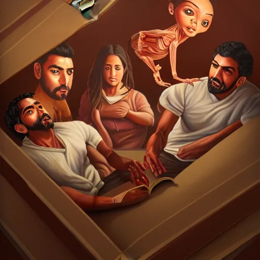 Image similar to a painting of three brown men and a brown woman emerging out of a giant open book, hyperrealistic faces, detailed digital art, aesthetic!, trending on artstation, anatomically correct