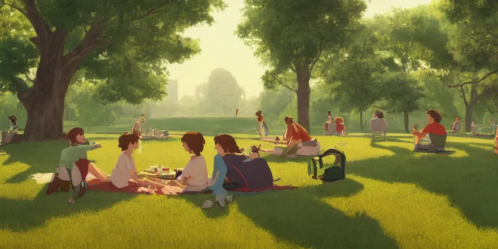 Prompt: a film still of a picknick in the park, medium shot, waist up, wes anderson, studio ghibli, pixar and disney animation, sharp, rendered in unreal engine 5, anime key art by greg rutkowski, bloom, dramatic lighting