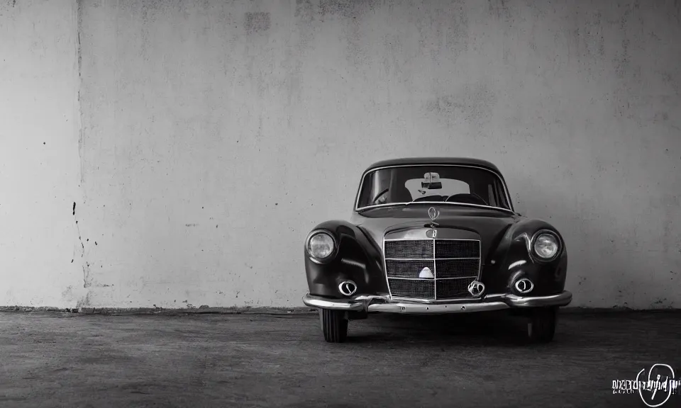 Prompt: photo of a single retro mercedes car in a studio with cool looking lighting