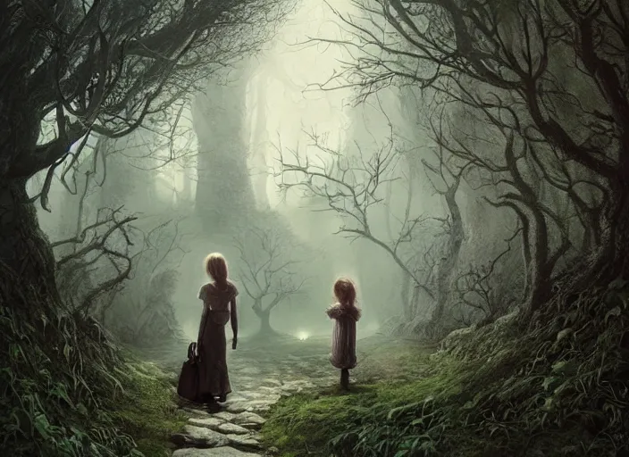 Prompt: secret garden, pathway, lost girl, dark, scary, in the style of pan's labyrinth movie, hyperrealistic, coherent composition, concept art, matte painting, artstation, caspar friedrich, wlop