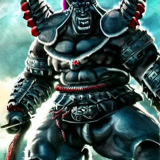 Image similar to very big very buff very strong samurai wearing a scary cyber oni mask, movie still