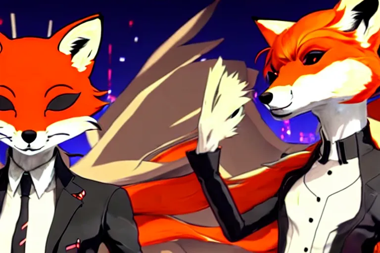 Image similar to a furry tan male fox on a persona 5 : royal ( by atlus ) video game splash screen, a furry male sandcolored tan fox fursona ( has hair ), persona 5 phantom thief style