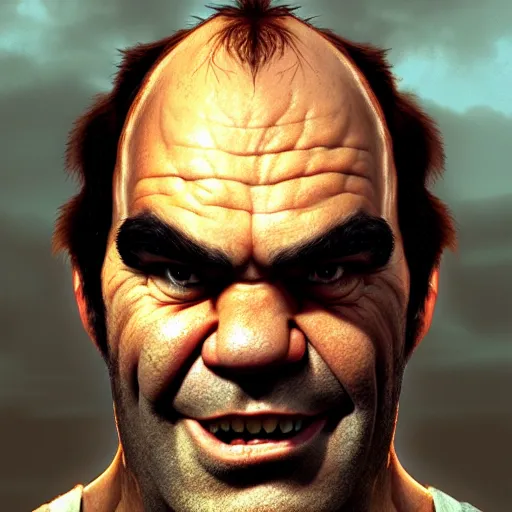 Image similar to trevor philips as shrek face, highly detailed, digital painting, artstation, concept art, sharp focus, illustration, art by greg rutkowski and alphonse mucha