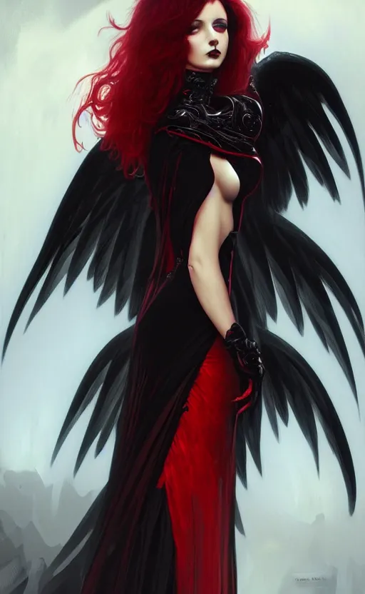 Image similar to Female dark angel in gothic red and black dress, their black wings are extended, highly detailed, digital painting, artstation, concept art, smooth, sharp focus, illustration, art by artgerm and greg rutkowski and alphonse mucha