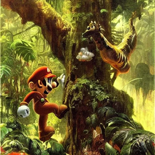 Image similar to super mario lost in mystic jungle on oil painting by frank frazetta