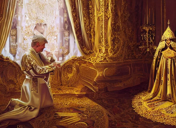 Image similar to kneeling before the pope, royal robe, gold trim, close - up, light effect, hyper detailed, intricate, atmospheric, elegant, photorealistic by paul lehr, marco mazzoni, featured on cgsociety, rococo, whimsical, artstation