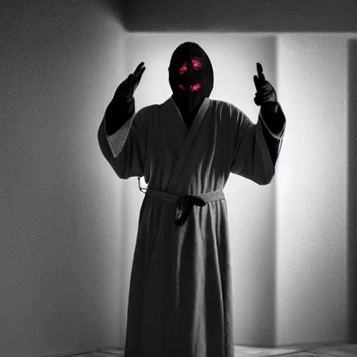 Image similar to cultist in robe with mask and gloves, ceremonial, cctv footage, horror lighting