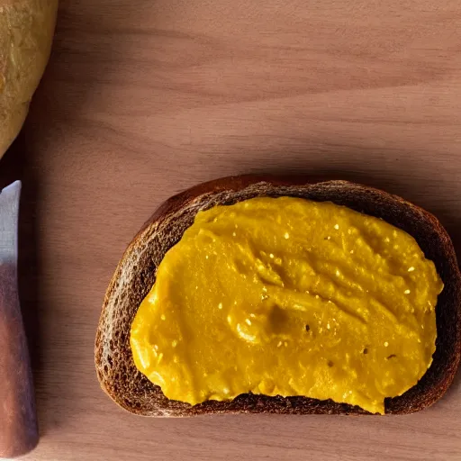 Image similar to artisan mustard in the shape of dwayne johnson's head, spread on toast. food photograph.