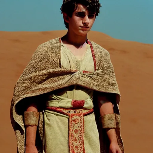 Image similar to award winning cinematic still portrait of handsome 17 year old Mediterranean skinned man in Ancient Canaanite clothing, colorful cloak, short hair, Biblical epic directed by Steven Spielberg