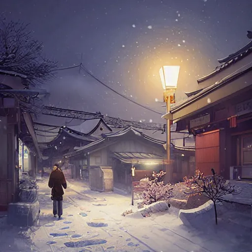 Prompt: walking around snow covered ozu city and shimonad station, ehime, japan. volumetric lighting, clear winter night, realistic illustration, perfectly shaded, soft painting, art by krenz cushart and wenjun lin