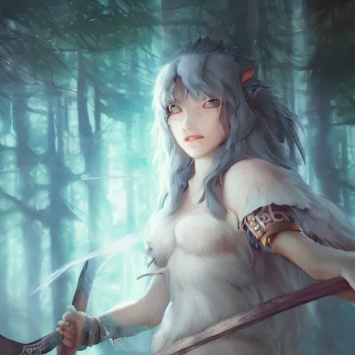 Prompt: Princess Mononoke holding a spear, standing next to Moro the white wolf, in a bioluminescent forest at night, close up portrait by loish and WLOP, octane render, dark fantasy, trending on ArtStation