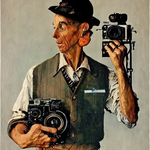 Image similar to norman rockwell painting of a man holding a large television - video - camera