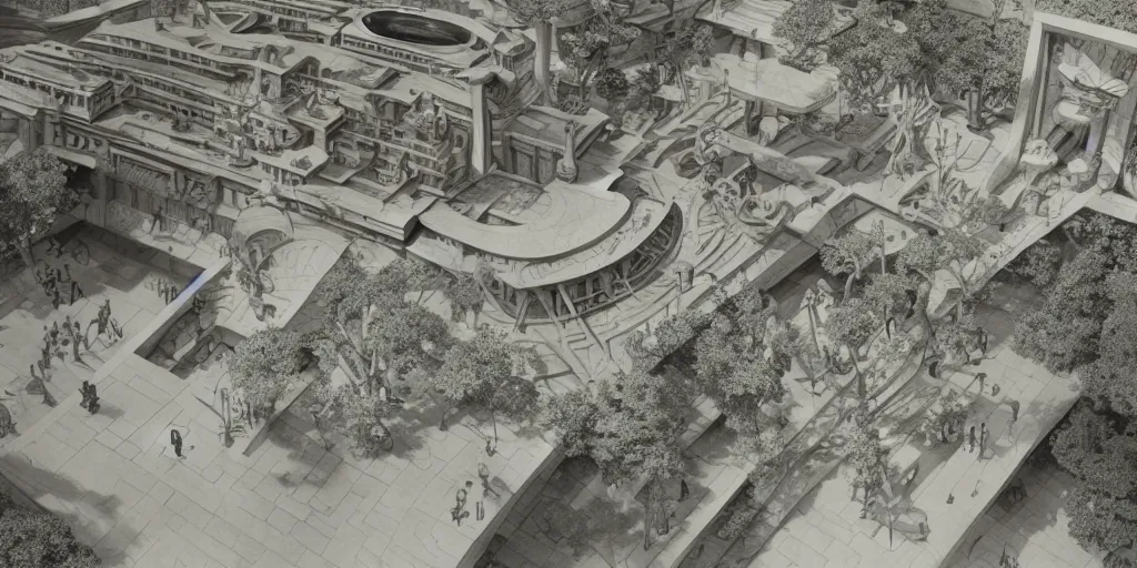 Prompt: cinematic still of hyper detailed sidewalk realistic designed by frank lloyd wright architect, helicopters, deep perspective, wide angle, insanely detailed and intricate,