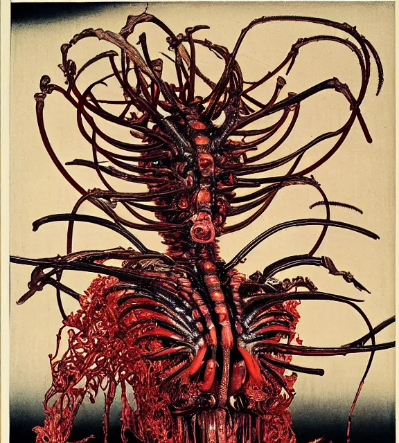 Image similar to still frame from Prometheus by giger by utagawa kuniyoshi, harvest goddess cyborg in crimson filament mycelium, dressed by Neri Oxman and alexander mcqueen, metal couture haute couture editorial