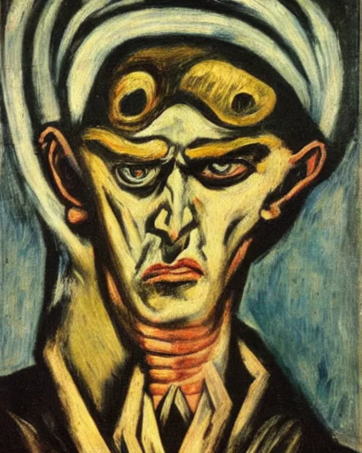 Image similar to Max Beckmann. El Greco. Van Gogh. Dali. Oil on canvas. Portrait of a demon.