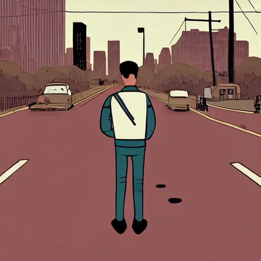 Prompt: lonely astronaut in the middle of a big city road, Adrian Tomine