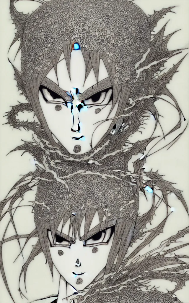 Prompt: prompt: Fragile looking face drawn by Takato Yamamoto, ceramic looking face, cyber parts inspired by Dragon Ball, clean ink detailed line drawing, intricate detail drawing, manga 1990