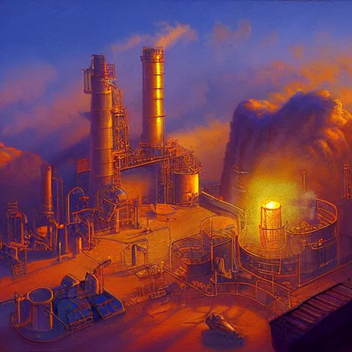 Prompt: ore refinery, concept art, intricate detail, volumetric shadows and lighting, realistic oil painting by tim hildebrandt