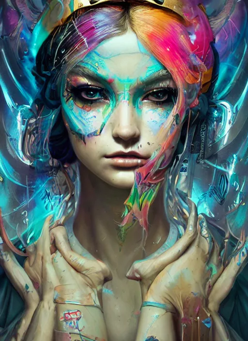 Prompt: beautiful portrait of Lofi cyberpunk Princess Elsa, by Tristan Eaton, Stanley Artgermm, Tom Bagshaw, Greg Rutkowski, Carne Griffiths. trending on DeviantArt, face enhance, hyper detailed, trending on Artstation, 8k, masterpiece, graffiti paint, fine detail, full of color, intricate detail, golden ratio illustration