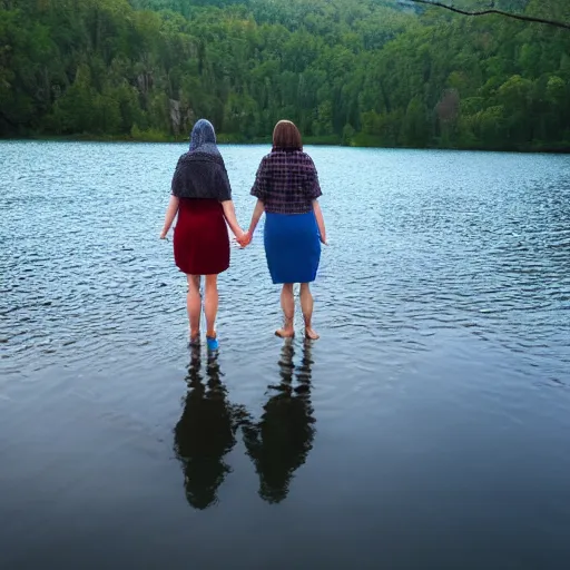 Prompt: two sad crumpets holding hands by a lake