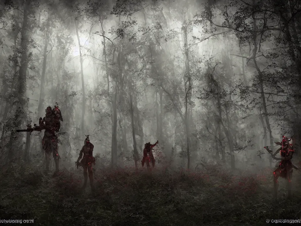 Prompt: between mystical misty swamps a renaissance style soldiers unit in red hoods with dieselpunk-style exoskeletons, armed with edged weapons, battles werewolves. Volumetric lighting bioluminescence, plasma, neon, brimming with energy, electricity, power, Colorful Sci-Fi Steampunk dieselpunk Biological Living, cel-shaded, depth, particles, lots of reflective surfaces, subsurface scattering