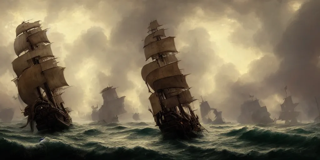 Prompt: a pirate ship from 1 7 0 0 s in the middle of a storm, extremely detailed digital painting, in the style of fenghua zhong and ruan jia and jeremy lipking and peter mohrbacher, mystical colors, rim light, beautiful lighting, 8 k, stunning scene, raytracing, octane, trending on artstation