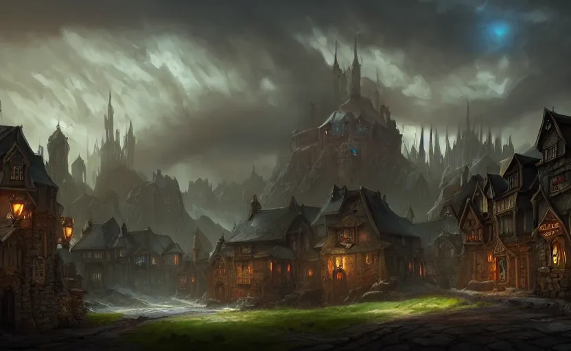 Image similar to extreme long shot concept art depicted old english majestic town, dramatic mood, overcast mood, dark fantasy environment, art by legends of runeterra and league of legends and arcane, art by tony sart, trending on artstation, unreal engine