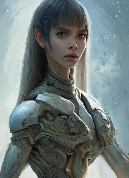 Image similar to a professional painting of a beautiful young female alien, clothed in ethereal armor, olive skin, long dark hair, beautiful bone structure, symmetrical facial features, intricate, elegant, digital painting, concept art, smooth, sharp focus, illustration, from Valerian and the City of a Thousand Planets, by Ruan Jia and Mandy Jurgens and Artgerm and William-Adolphe Bouguerea