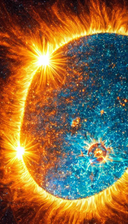 Image similar to photograph of a sun going super nova, 8k, incredible detail, psychedelic,