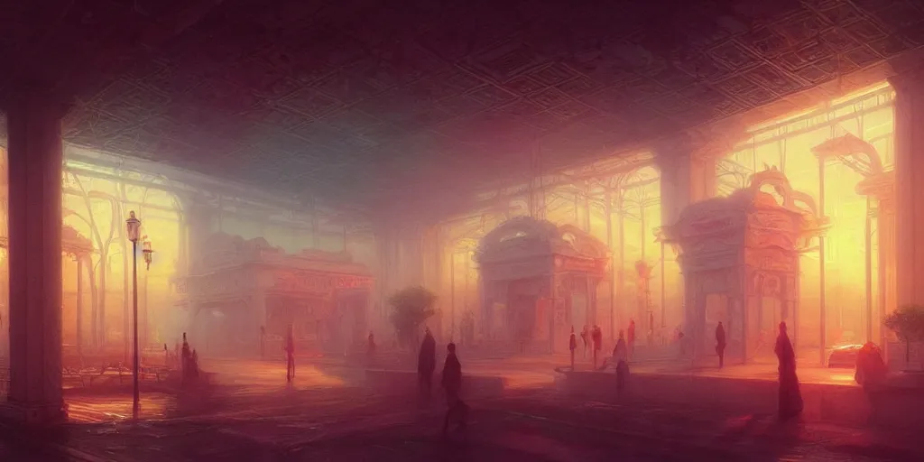 Image similar to concept art of a vaporwave palace made of pizza, illuminated fog, depth of field, cinematic lights, deep focus, intricate, elegant, highly detailed, foggy, mysterious, digital painting, artstation, concept art, matte, sharp focus, art by artgerm and greg rutkowski and alphonse mucha